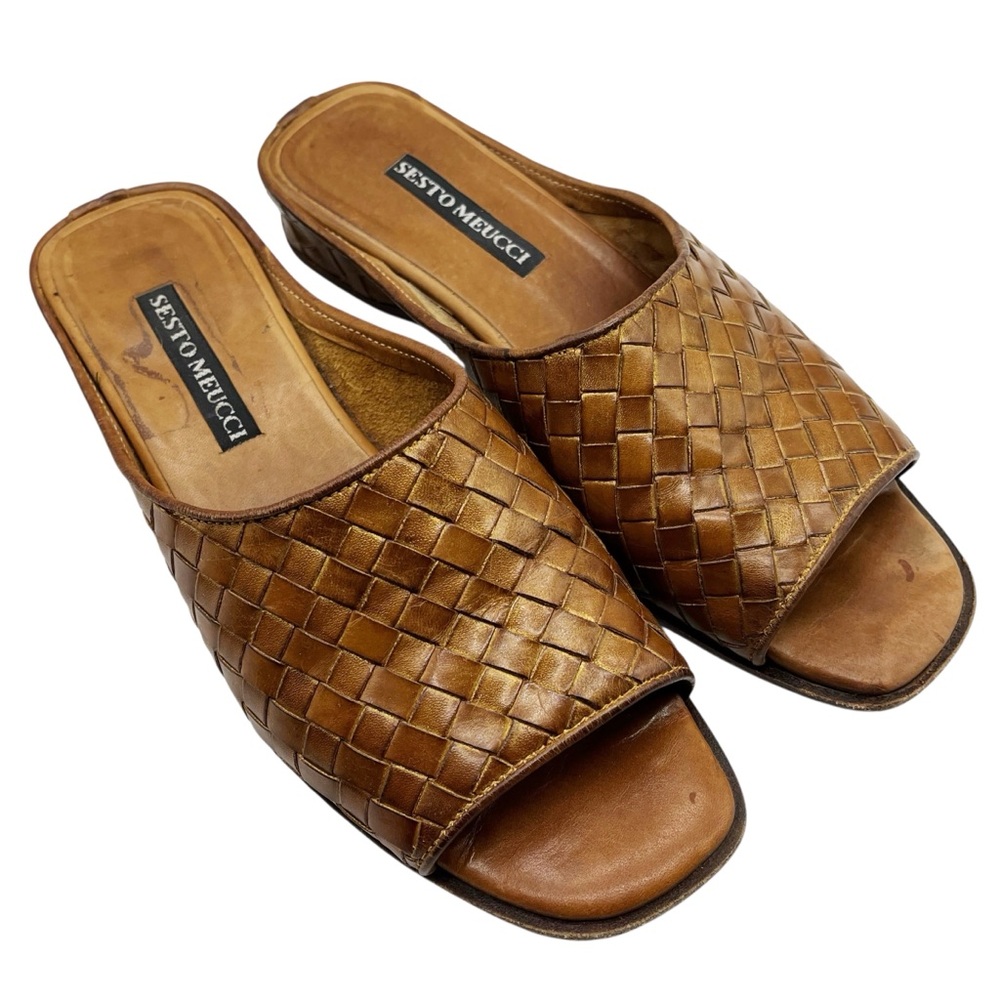 Sesto Meucci Women's Woven Leather Low Heel SLIDES Sandals Size 6.5 90s Y2K